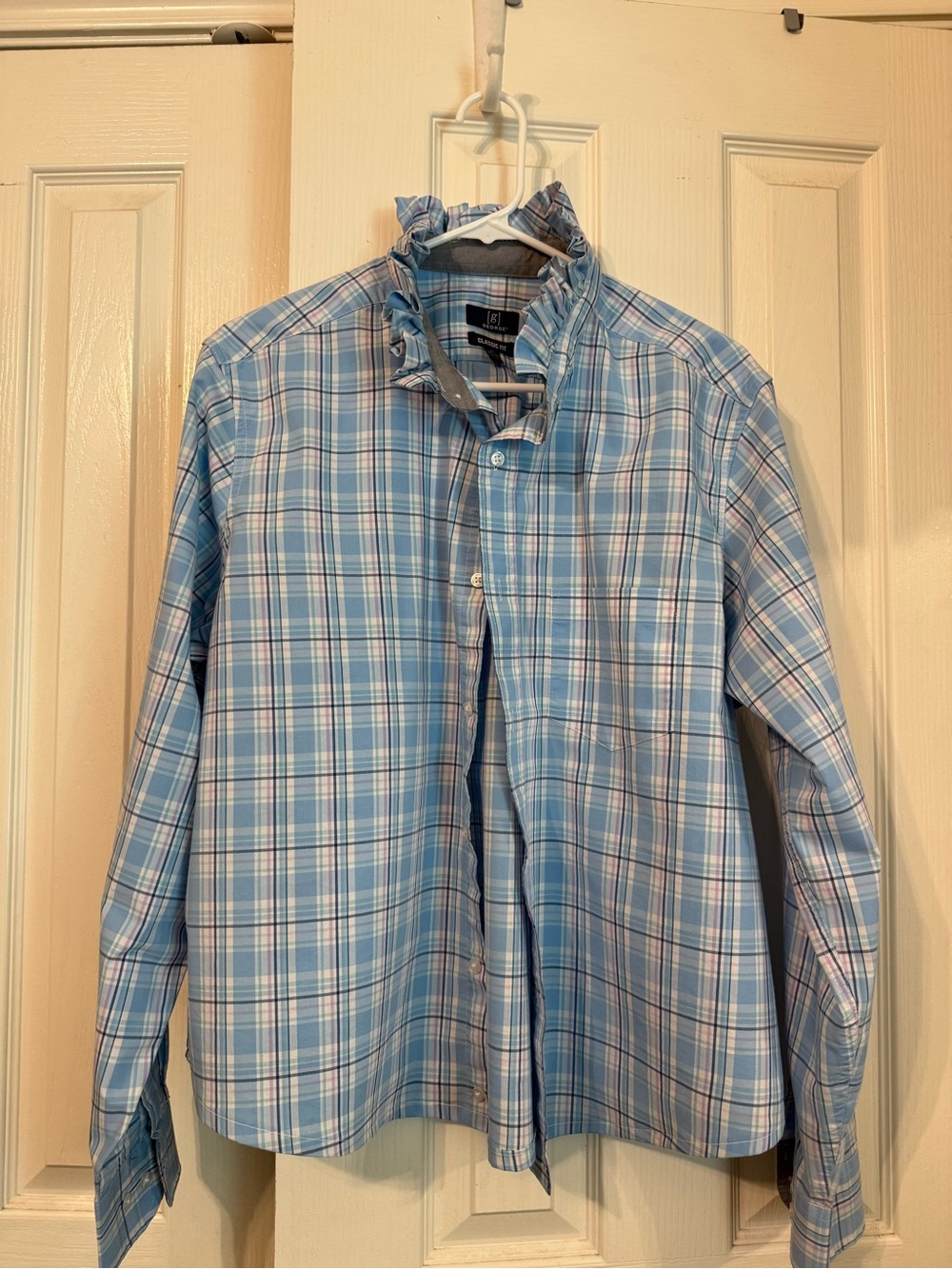 Woman’s Light Blue Plaid Ruffle Collar Button-Down Shirt